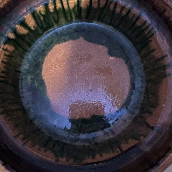 Vintage Handmade Drip Pottery Bowl With Handles Brown Green *Has Small Crack* - Picture 3 of 11